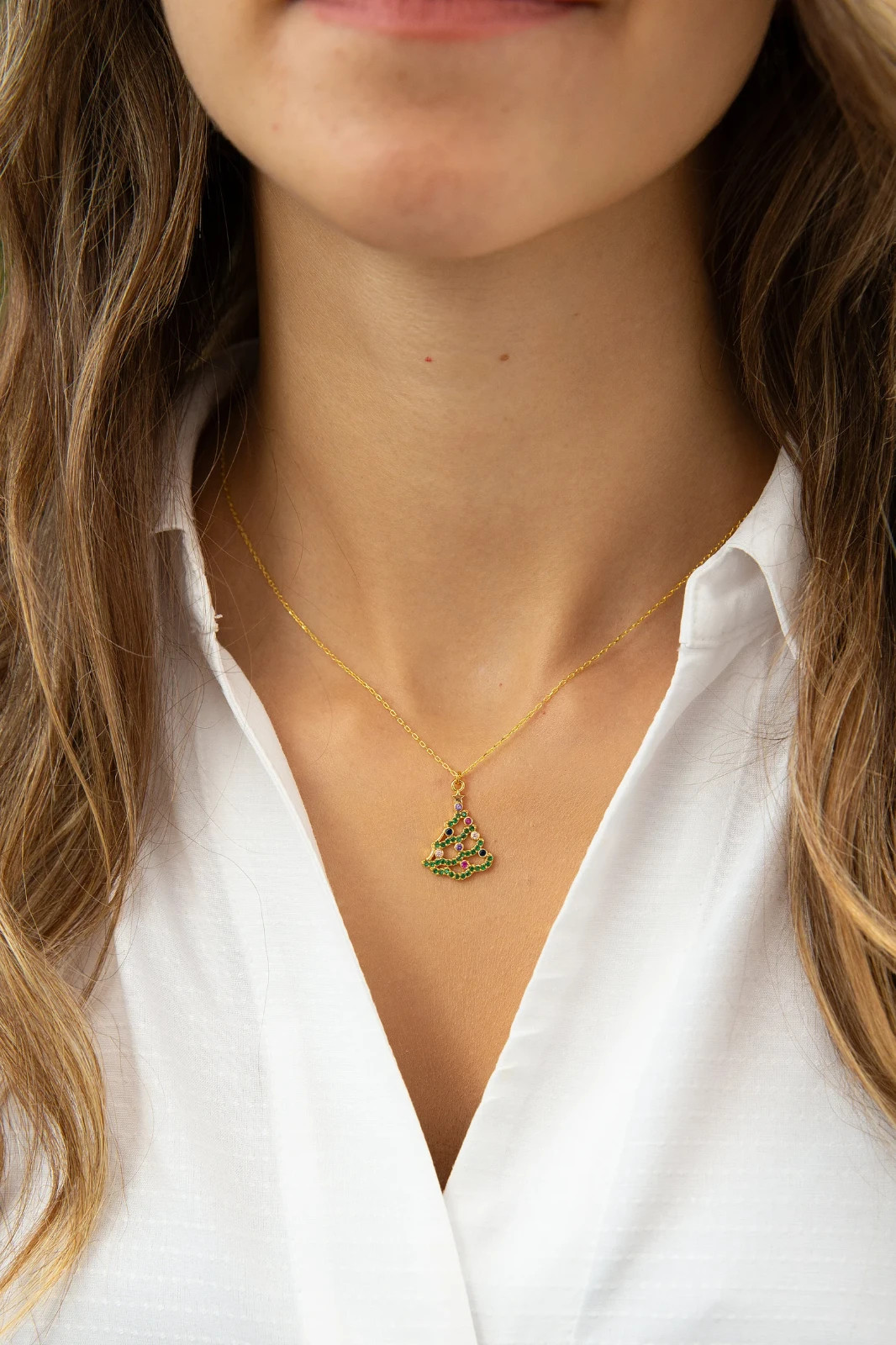 2 Ct Round Simulated Multi Stone Christmas Tree Pendant 14K Yellow Gold Plated