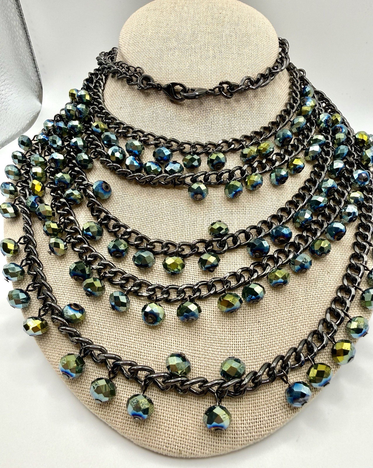 Gunmetal Multi Strand Statement Necklace Peacock AB Crystal Beads Bib Fringe