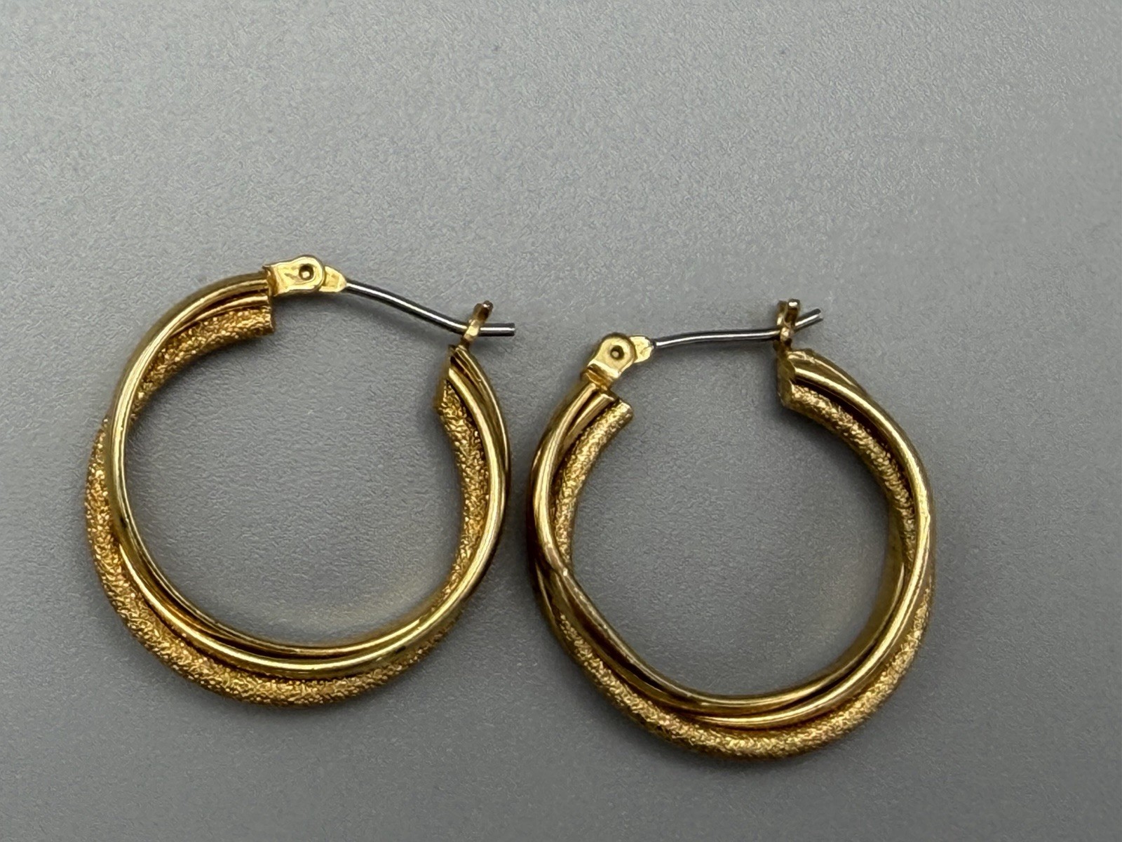 Gold Tone Hoop Earrings Textured Triple Row Snap Closure