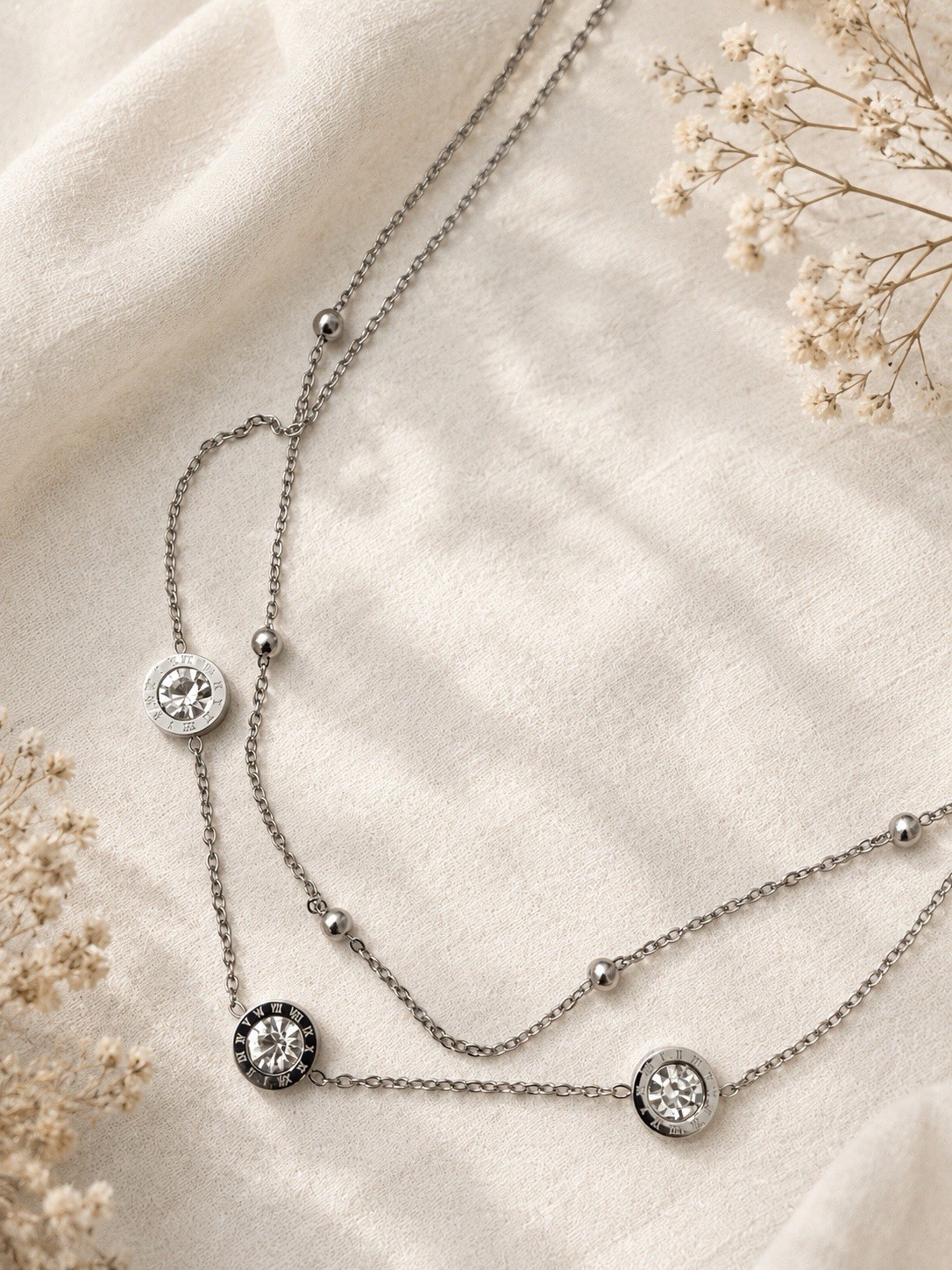 Stainless Steel Layered Station Necklace Clear Crystal Adjustau