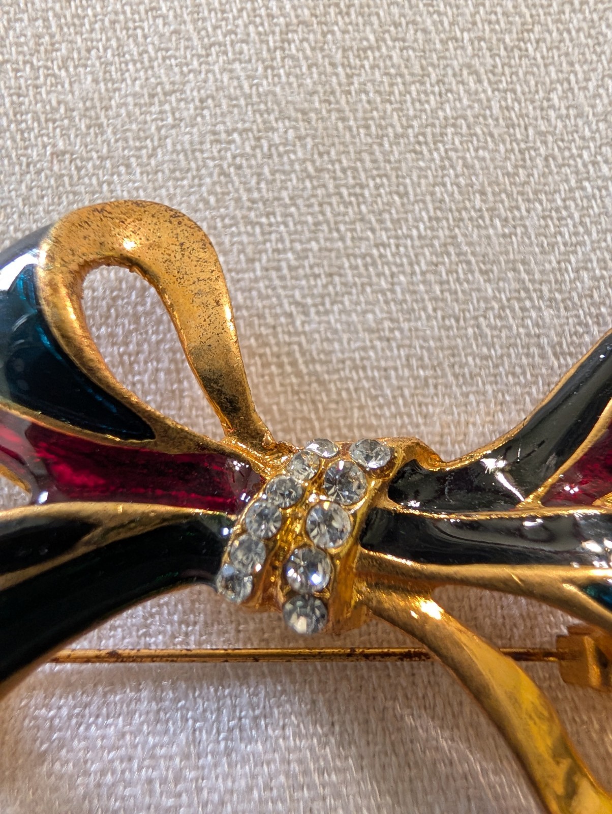 Gold Tone Enamel Bow Brooch w/ Rhinestone Center, Black Red Blue Green