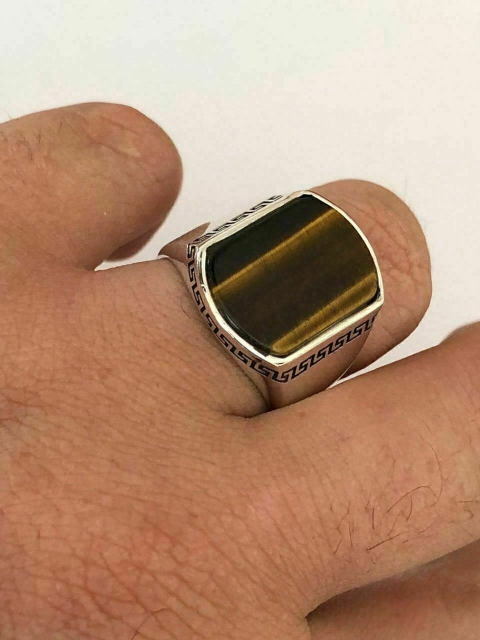 Solid 925 Sterling Silver Tiger’s Eye Mens Signet Ring Size 7 8 9 10 11 12 13