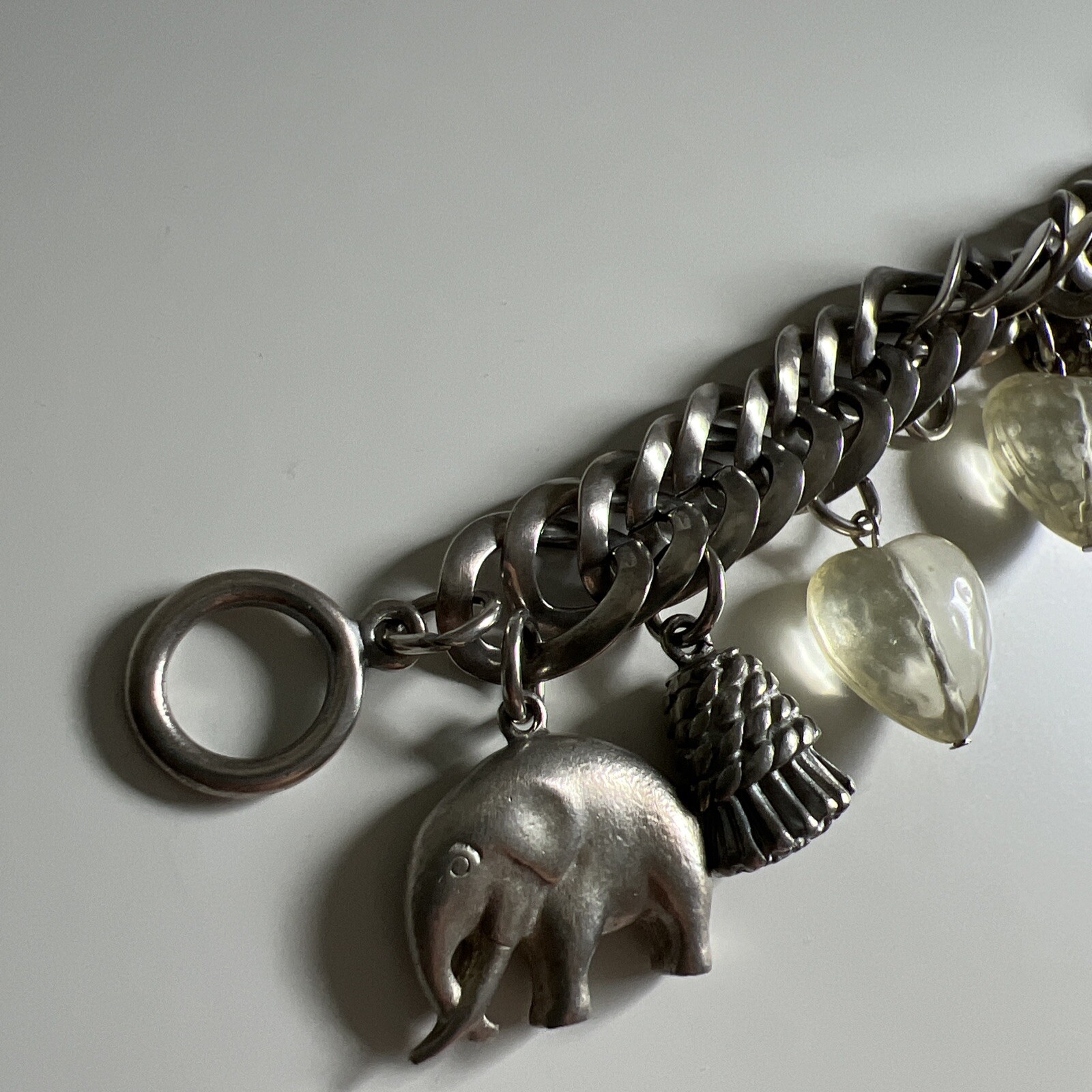 Vintage Silver Metal Chain Charm Bracelet Jewelry Lucite Heart Elephant Tassel