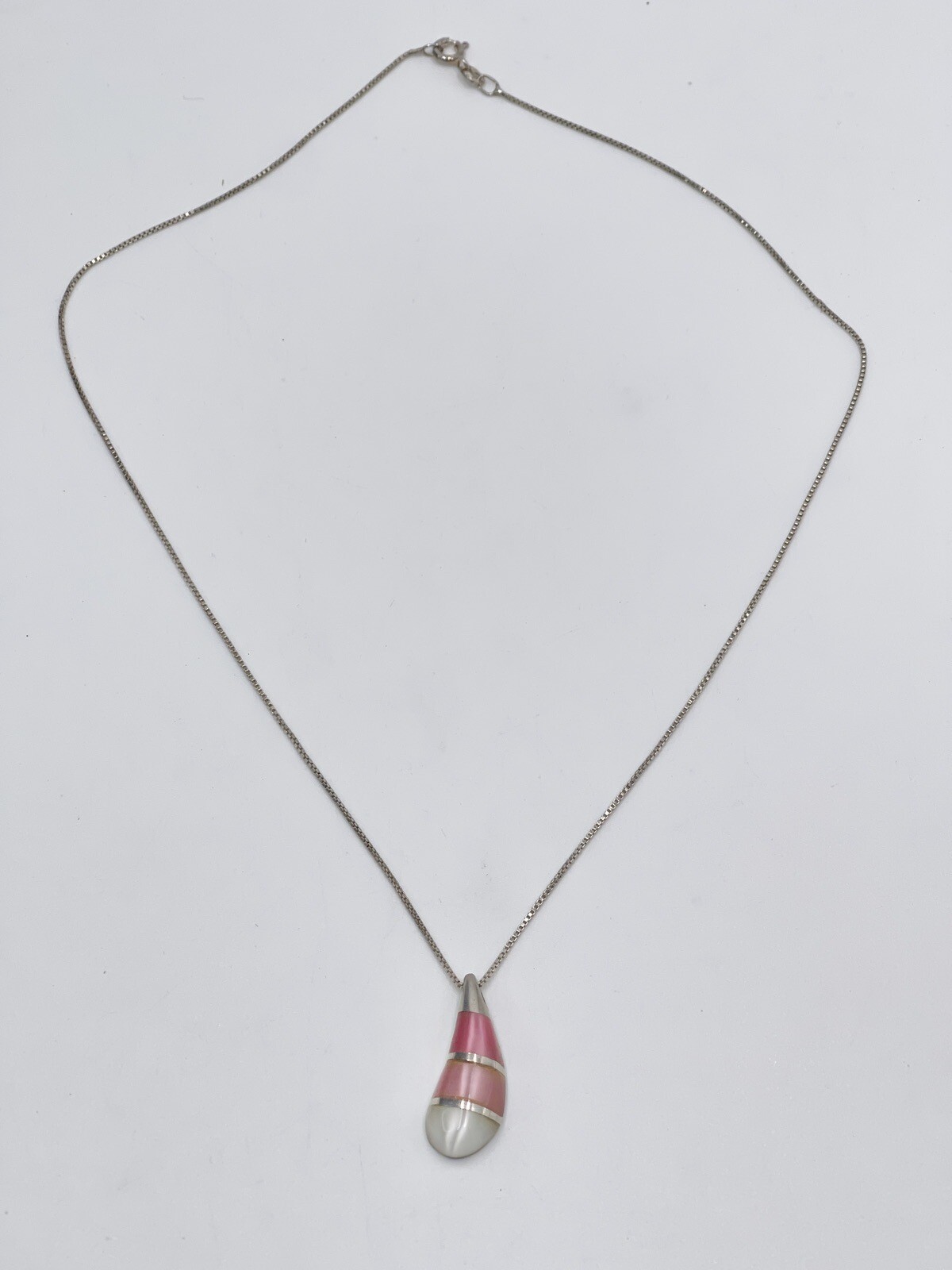 Necklace Sterling Silver Mother Of Pearl Dyed pink Box Chain Makers Mark 925 17”