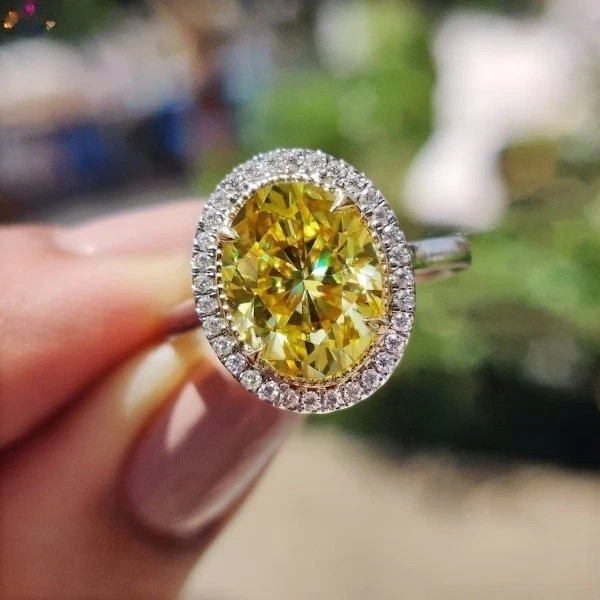 4.80 Ct Oval Cut Yellow Sapphire & Diamond Ring 14K Solid White Gold Ring Size 8