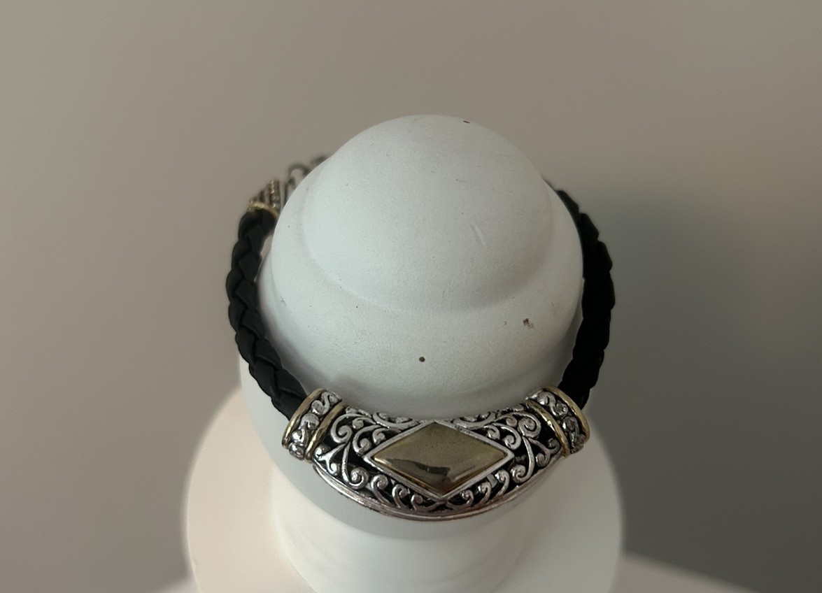 Vintage Black & Silver Gold Accent Faux Leather Braided Bracelet 7.5”
