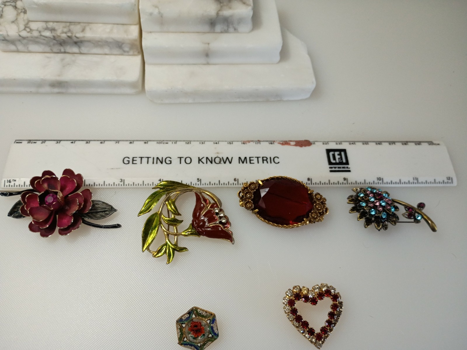 Vintage To Current Brooches Lot of 6 Rhinestone Glass Enamel Paint Gold Fill