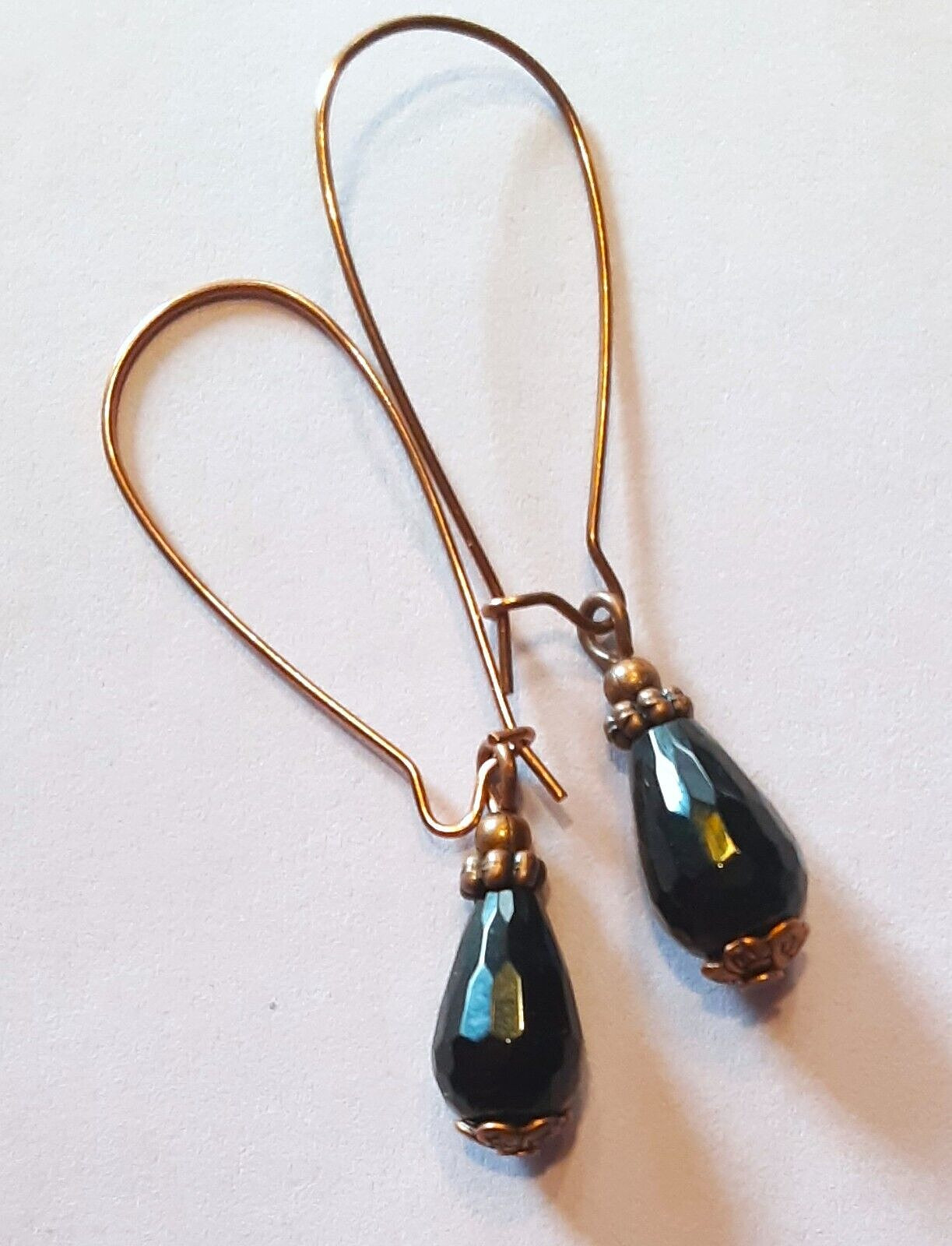 ONYX BLACK faceted dangle earring COPPER KIDNEY WIRE HANDCRAFTED K2TA