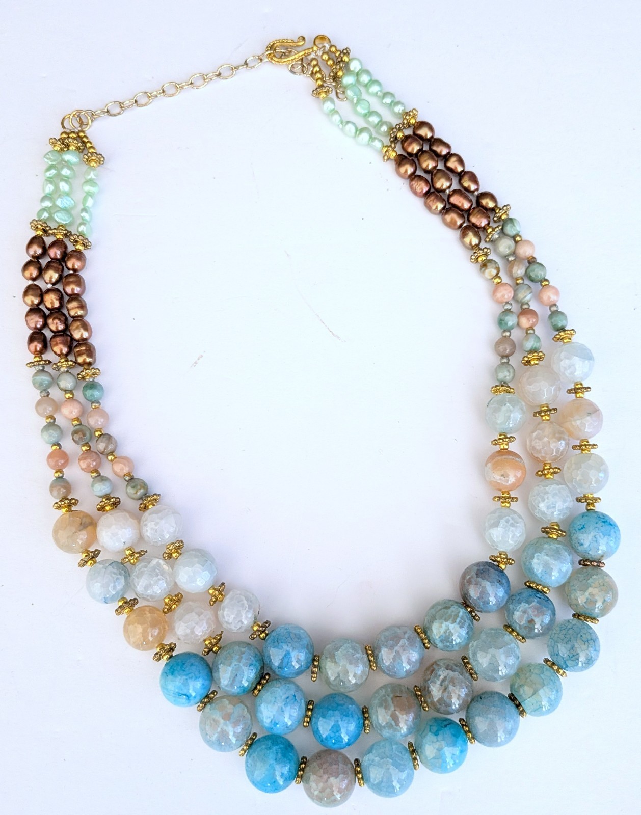 Gorgeous Triple Strand Assorted Blue Agate Brown/Green Pearl Necklace
