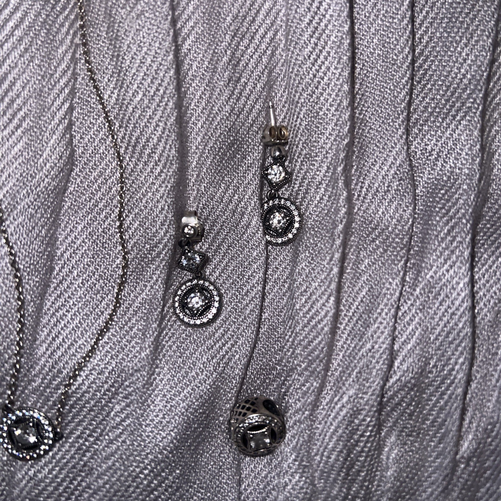 Vtg Allure Pandora SS Zirconia Necklace Pendant-Dangle Earrings-Charm Set
