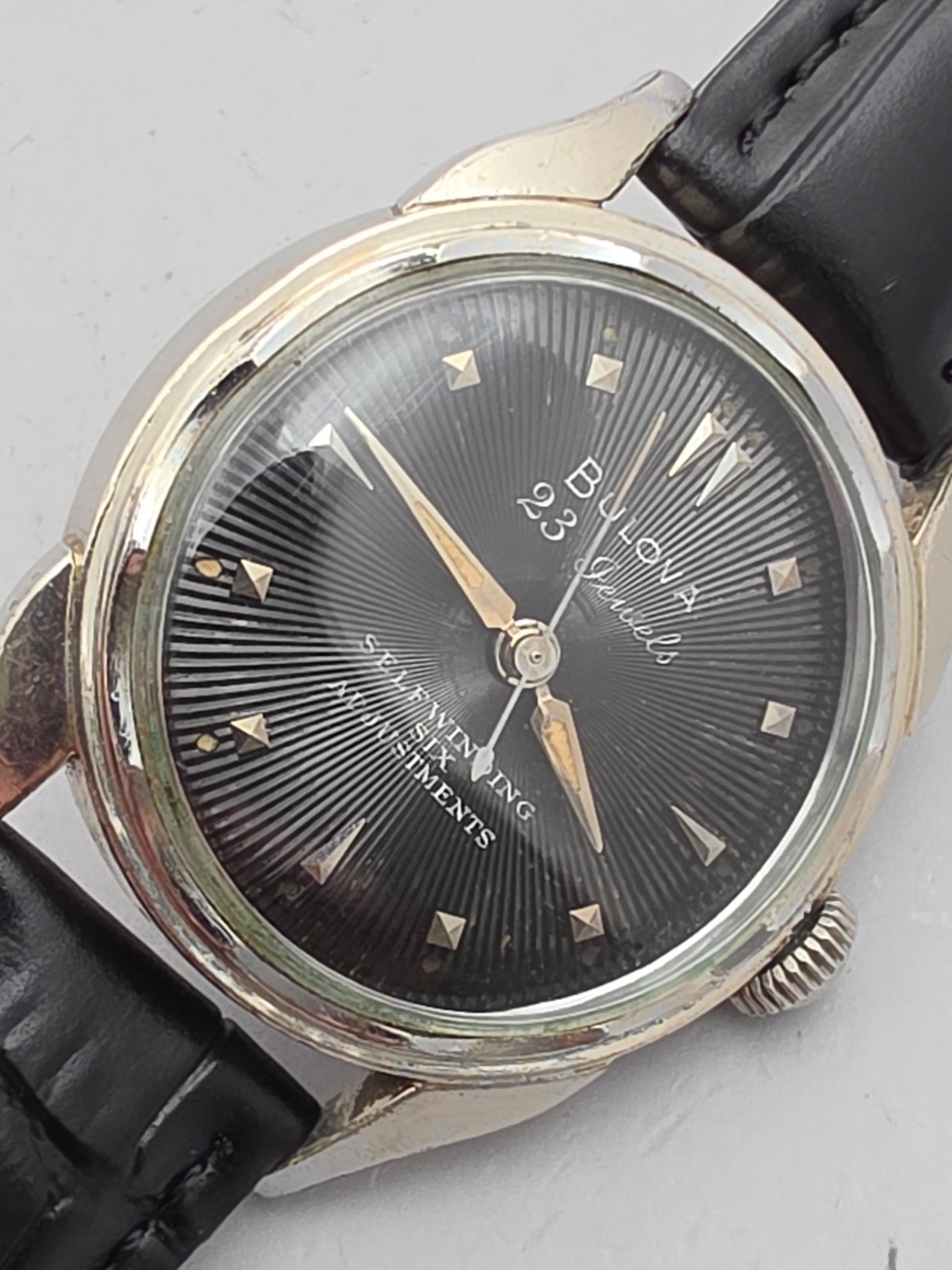 Vintage Bulova 23 “A” Men’s automatic watch 10K RGP Black Sunburst dial 1955