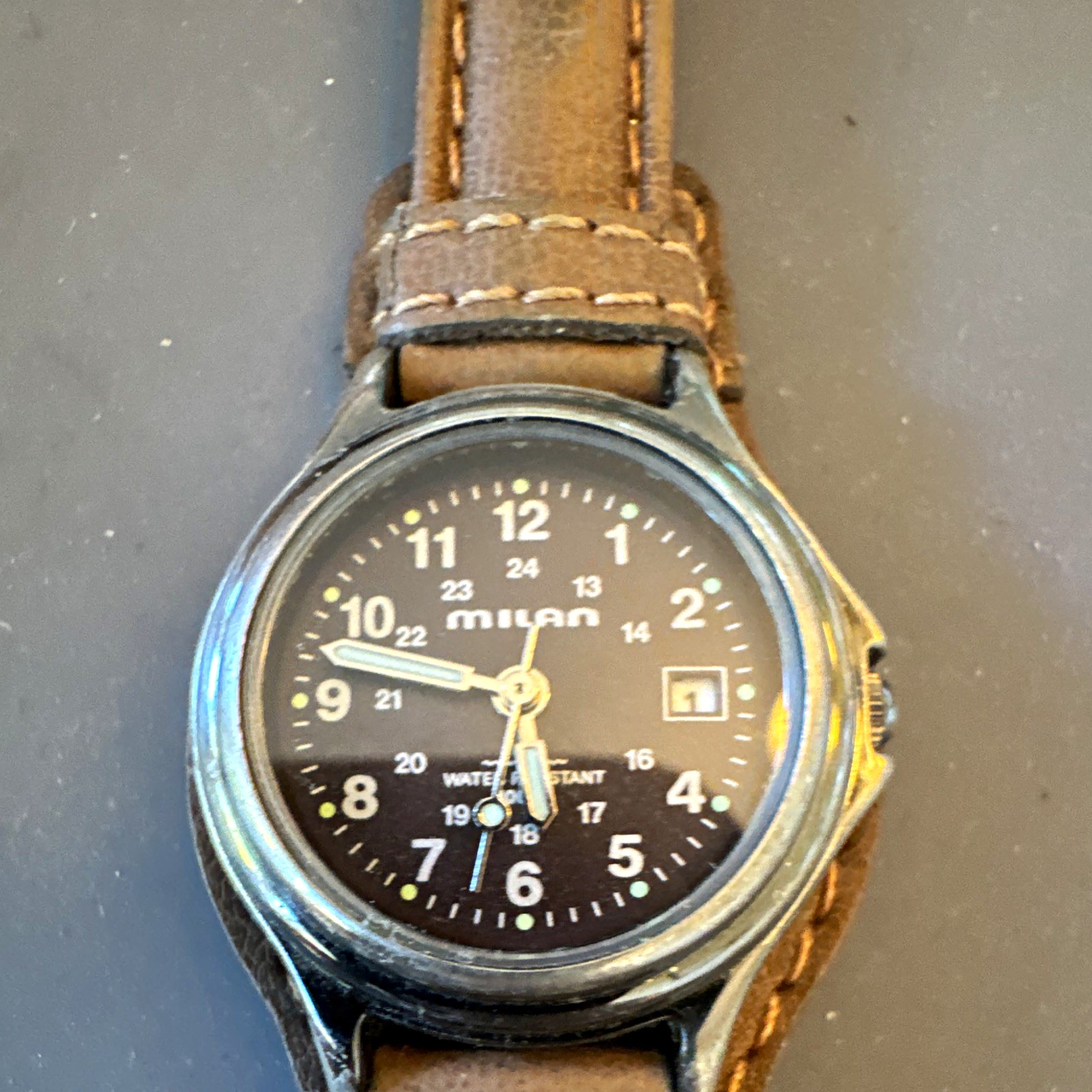 Milan Quartz Analog Watch Black Dial Arabic Numerals Date Brown Leather