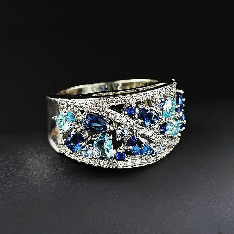 Elegant 925 Sterling Silver Blue White Topaz Wedding Engagement Ring Size 9