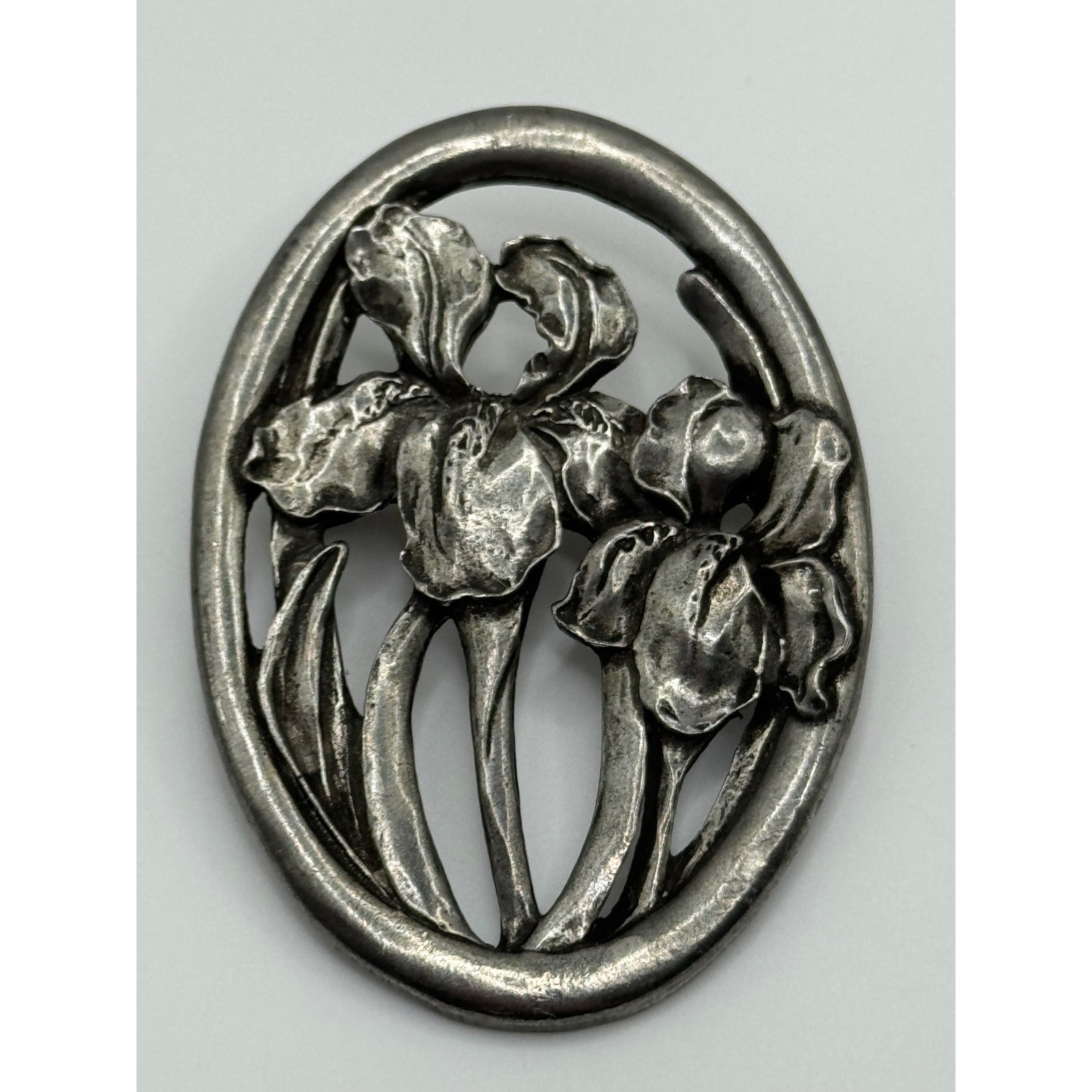 Vintage Seagull Pewter Canada Iris Flower Brooch 1987 Signed Oval Floral Pin
