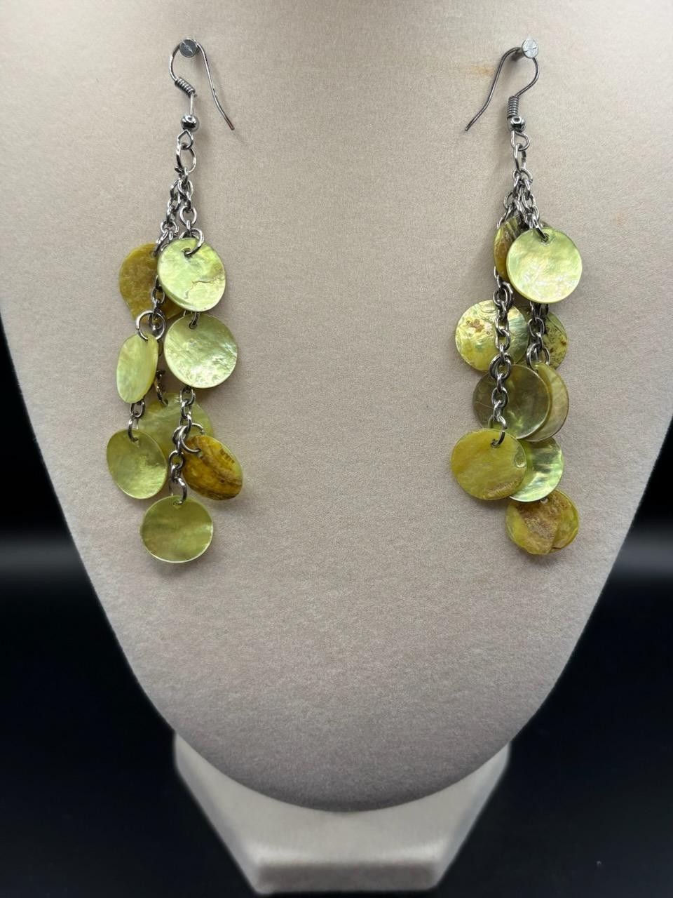Vtg Boho Mustard Yellow MOP Disc Waterfall Dangle Earrings Hook