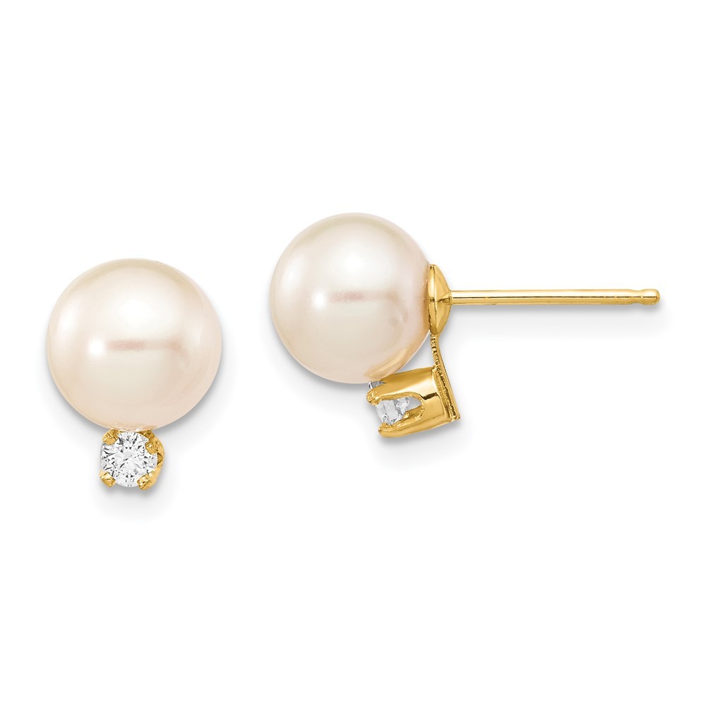 14k Yellow Gold 7-8mm White Round FWC Pearl and .10 Ct Diamond Stud Earrings