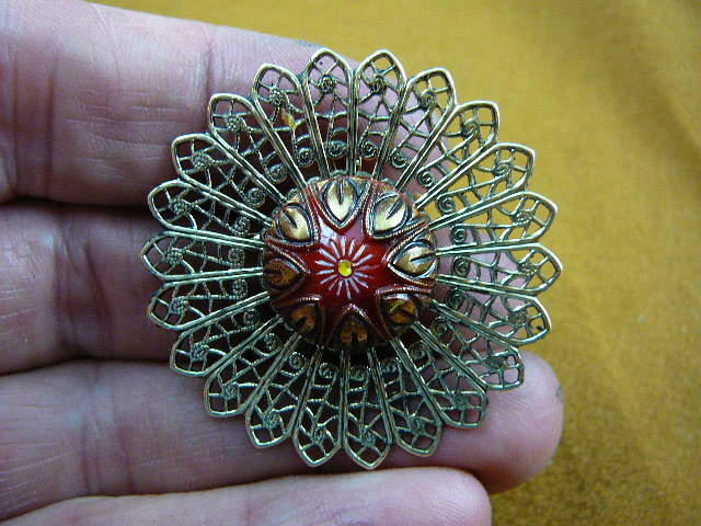 (Z18-4) red white gold textured flower Czech glass button filigee pin brooch