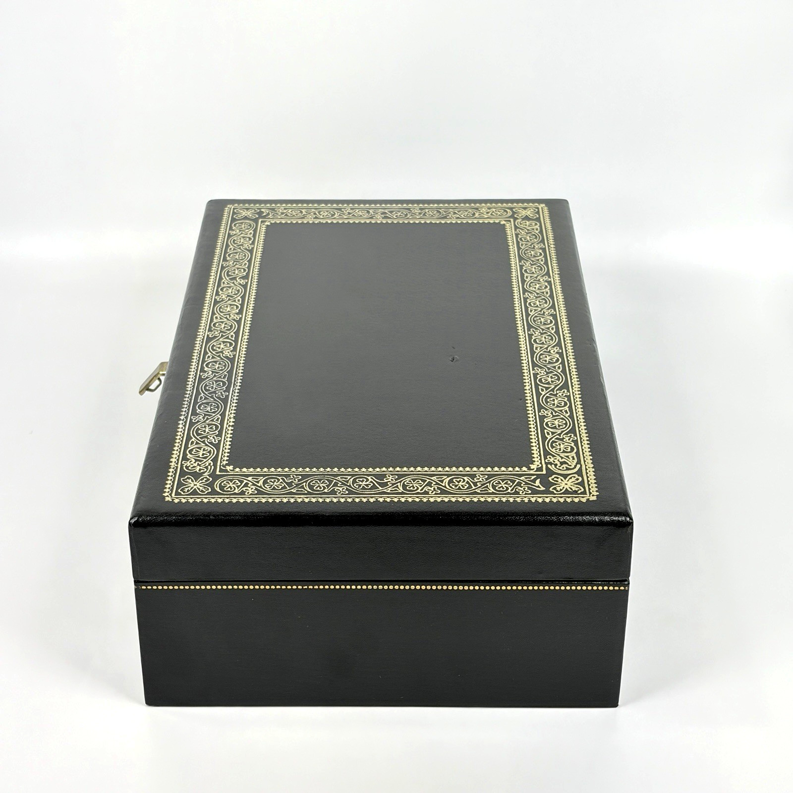 Vtg Black 2 Tier Jewelry Box Gold Clovers Dots Red Velvet Satin Lining NO Key
