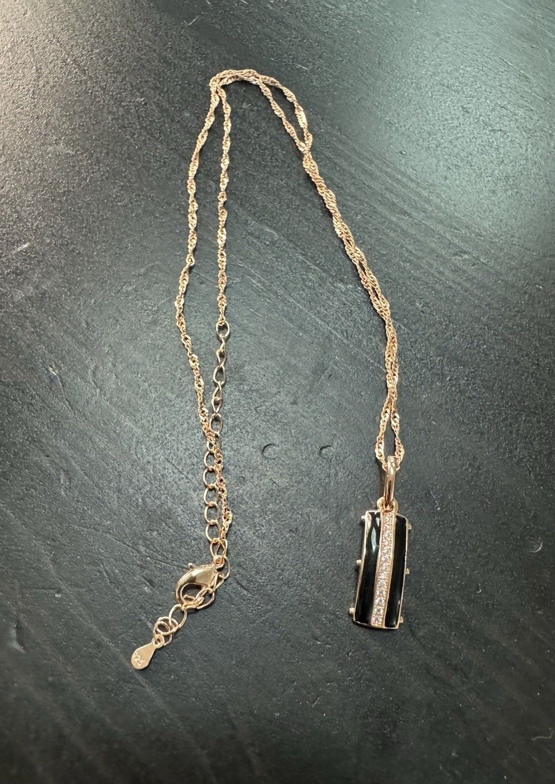 585 14K RG Stamped Rolled Gold Black Enamel Pendant 19” Necklace Clasp Chain