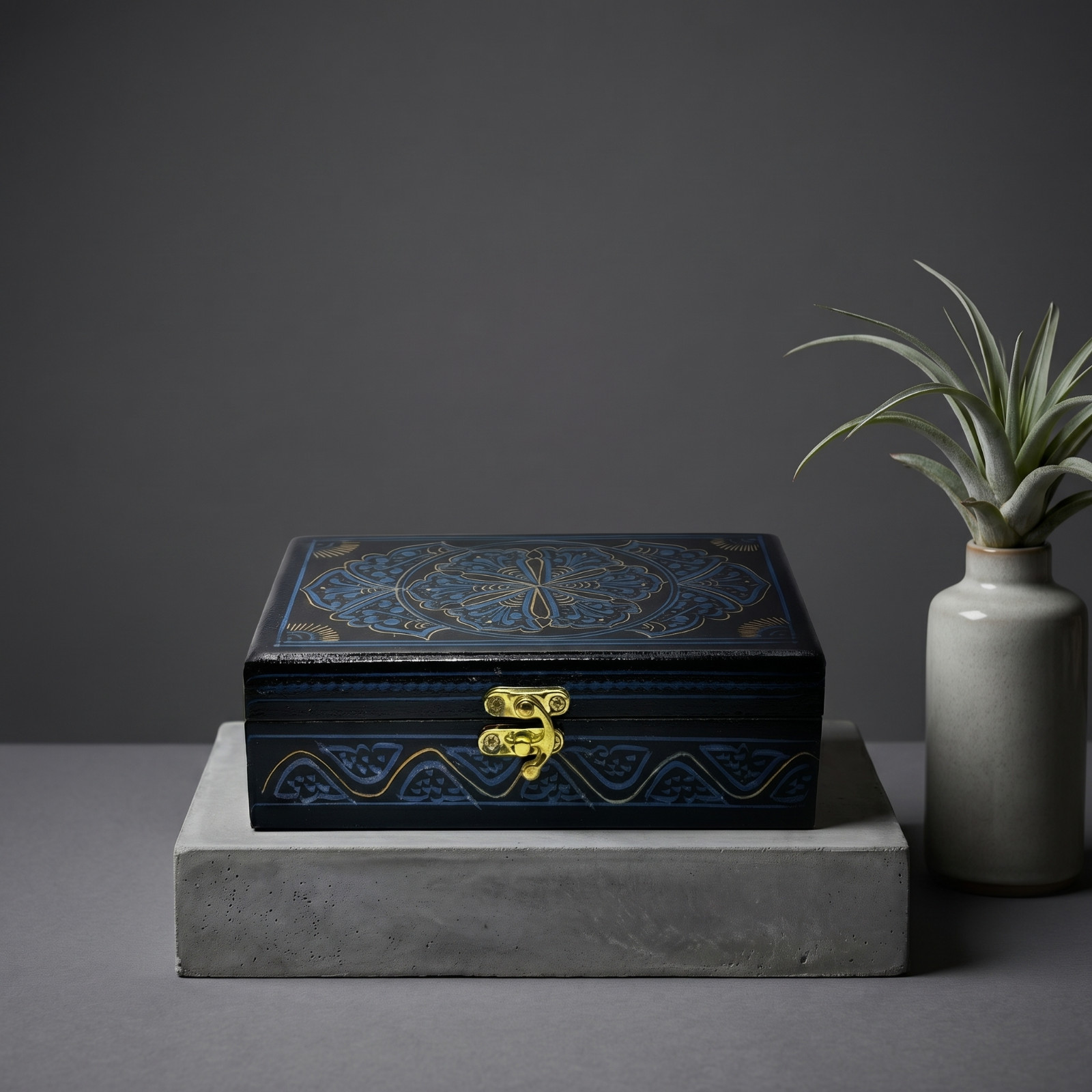 Handmade Wooden Gift Box Hand Painted Blue Gold Lacquer Jewelry Keepsake Storage