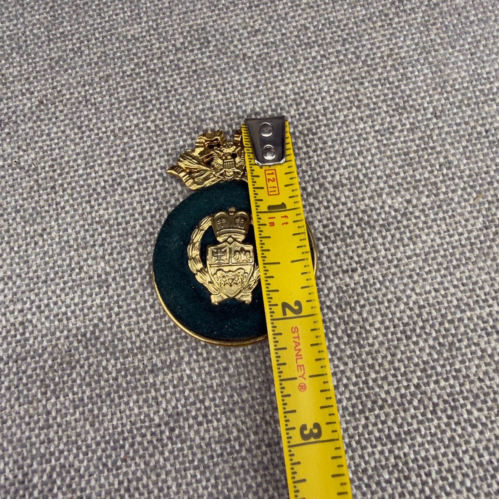 Vintage Brooch French Coat of Arms Green Suede Gold Tone Heraldic Ribbon