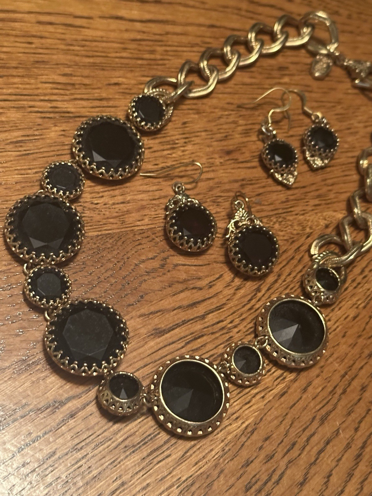 Vintage Premier Designs Gold Tone Jet Black Glass Beaded Necklace & Earrings Set