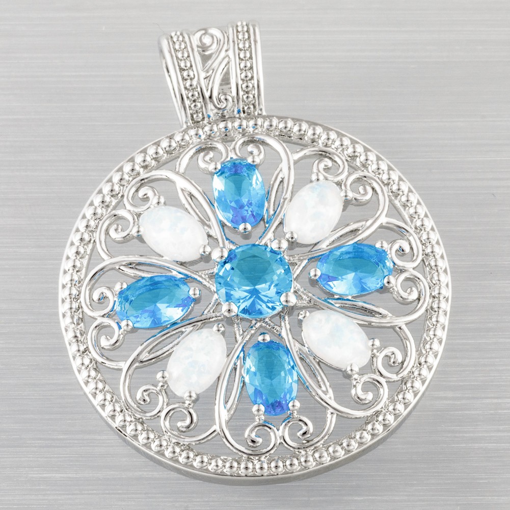 Round 4×6 Simulated Blue Topaz White Fire Opal Silver Jewelry Necklace Pendant