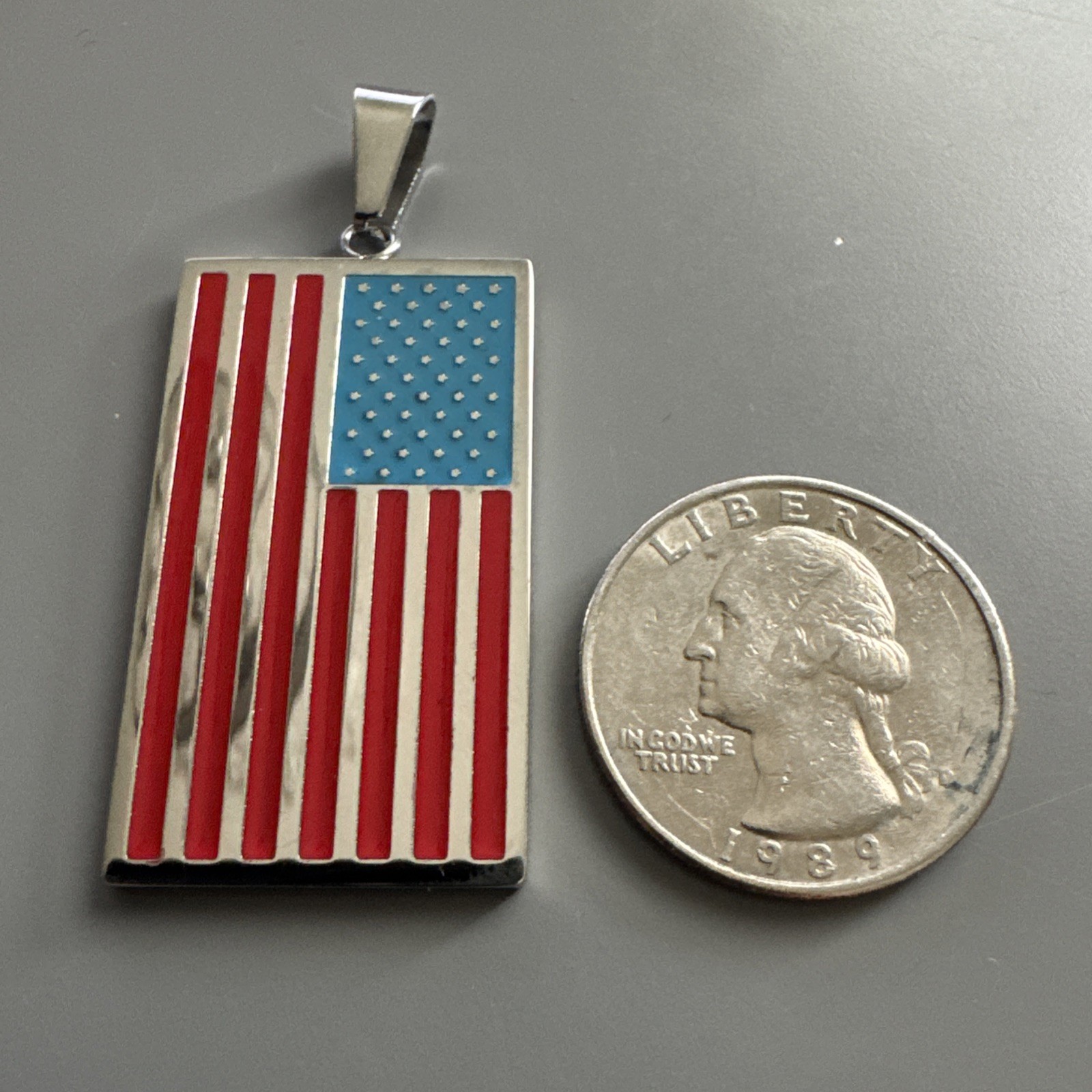 American Flag Pendant Silver Plated Stainless Steel 24” Chain USA America Gift