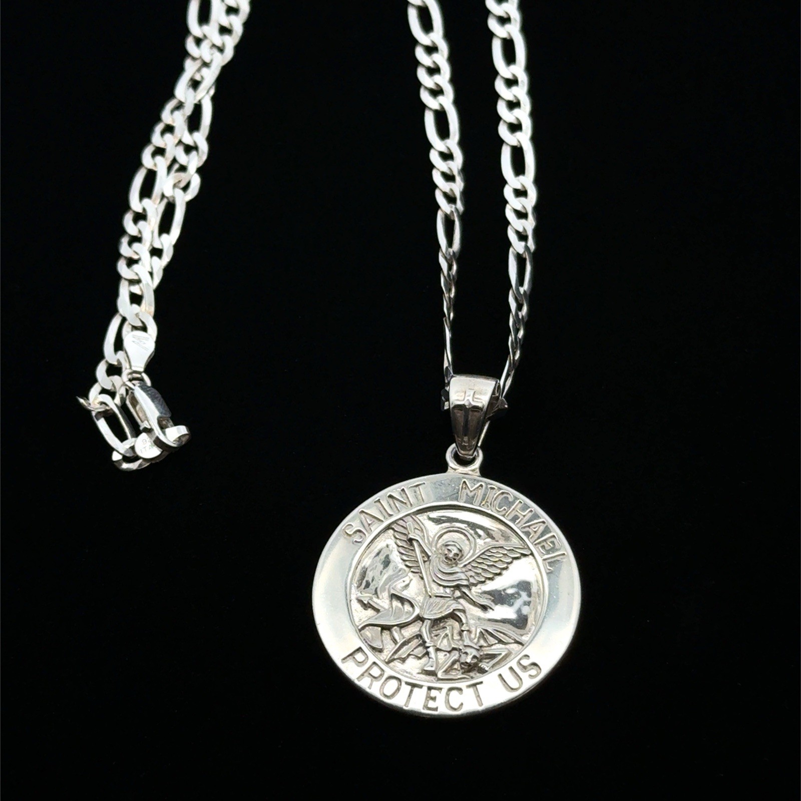 Peter Stone Saint Michael Sterling Silver Pendant On 20” Figaro Necklace, 21.5g