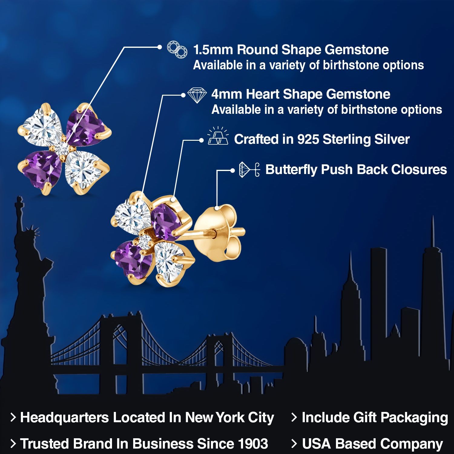 18K Yellow Gold Plated Silver Amethyst Lab Grown Diamond Earrings Set with