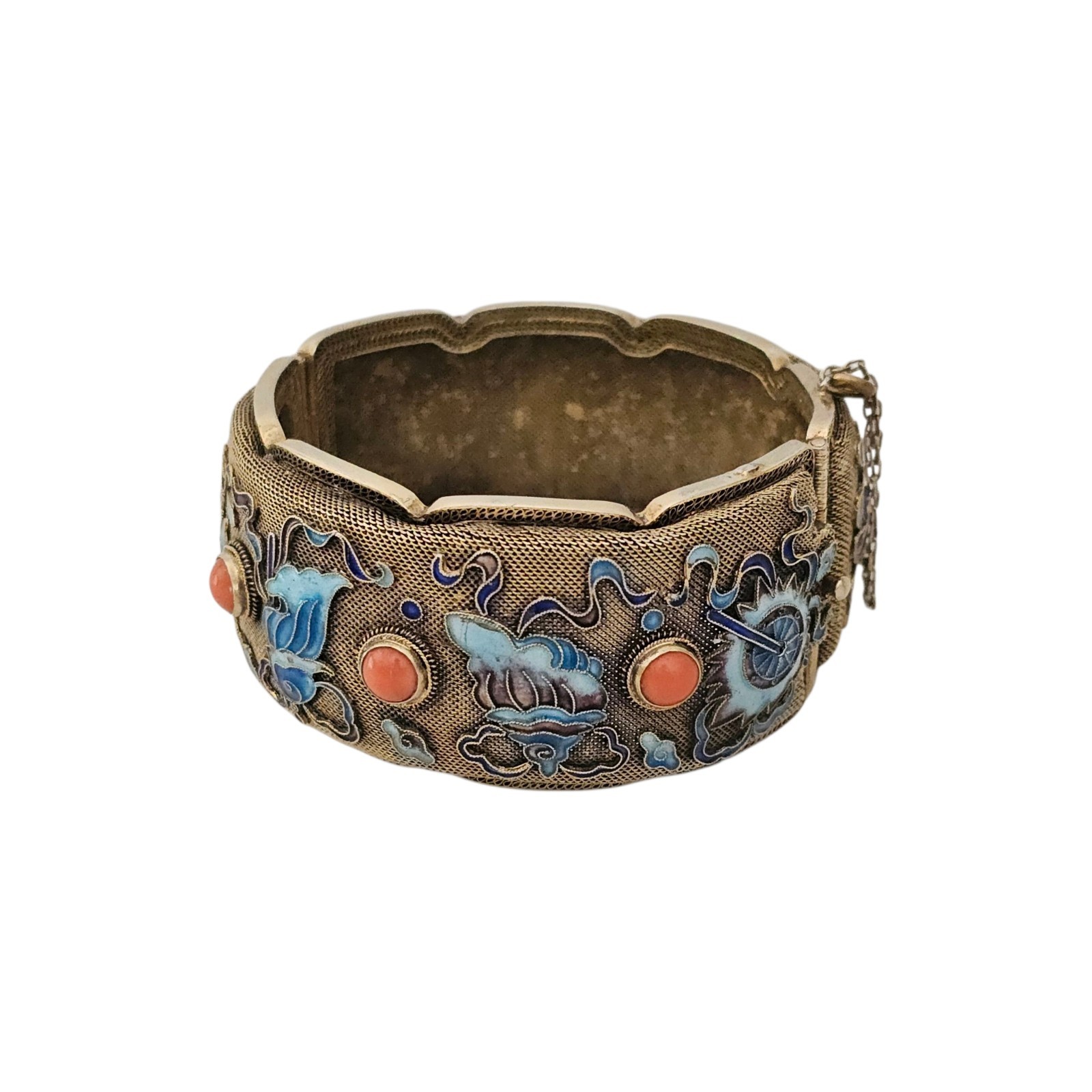 Vintage Chinese Export Bracelet Enamel Gilded Silver Mesh Filigree Coral