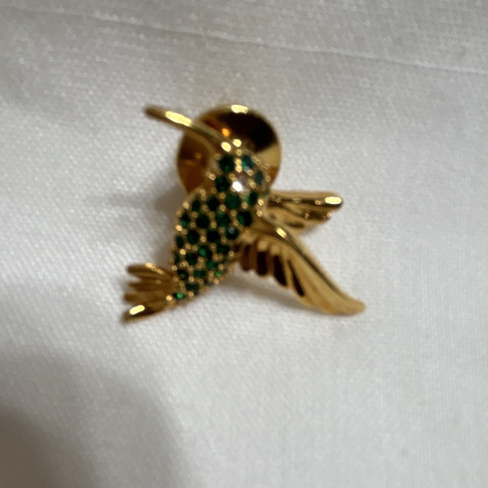 Gold Tone Bird Pin Brooch w/ Green Round Rhinestones, Metal, Gold/Green