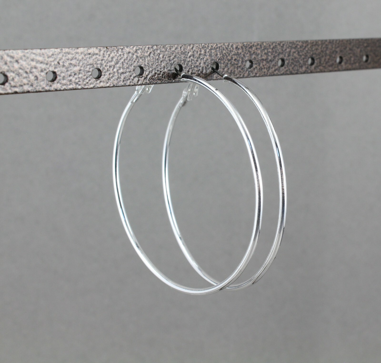 Silver hoop earrings thin skinny hoops 2.25″ wide 2mm wire leverback medium size