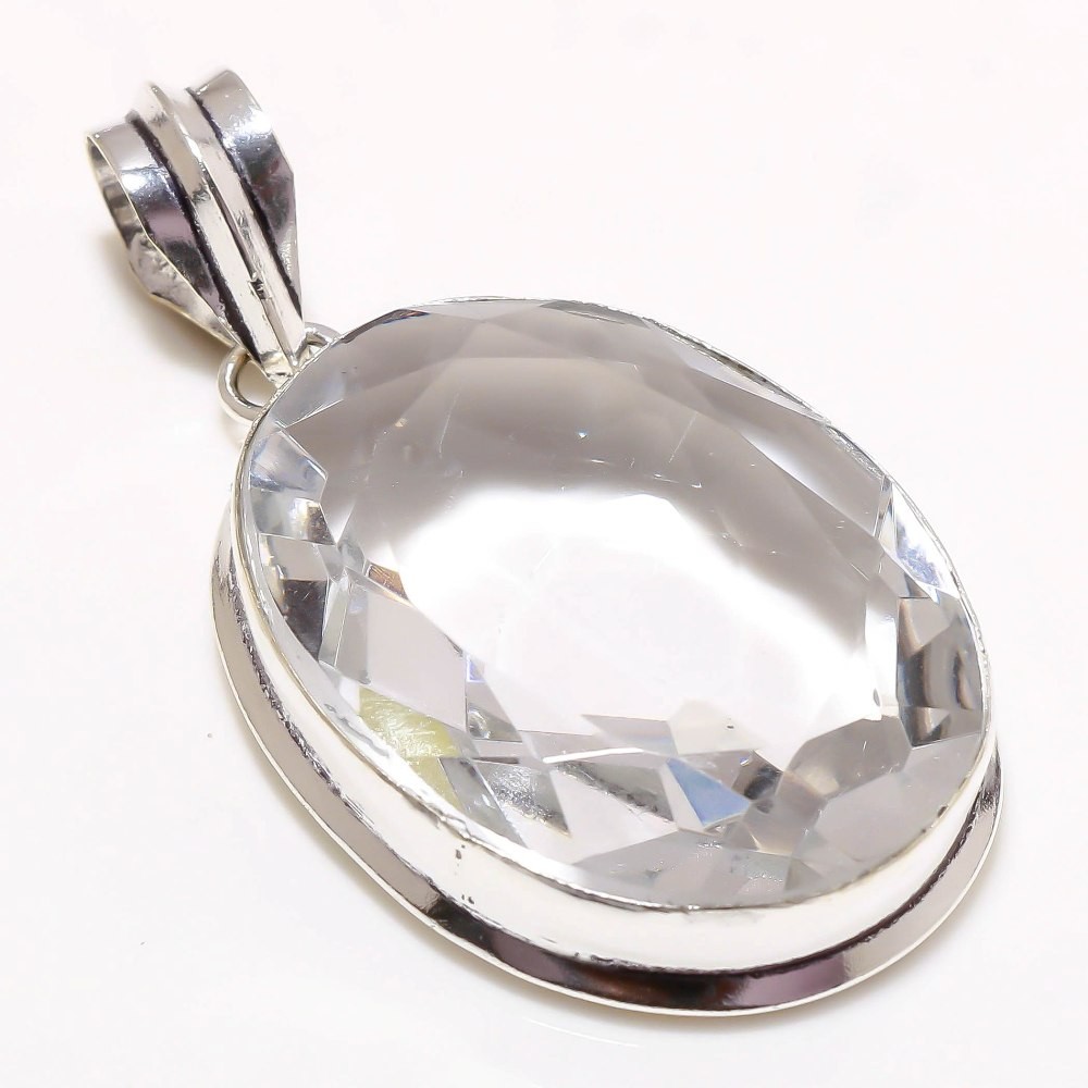 White Topaz 925 Sterling Silver Oval Gemstone Gift Jewelry Pendant 1.9″ AAB 697
