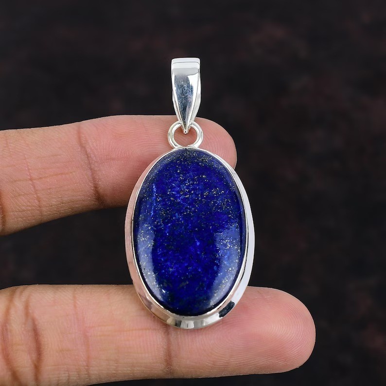 Natural Lapis Lazuli Oval Gemstone Pendant 925 Sterling Silver Handmade Jewelry