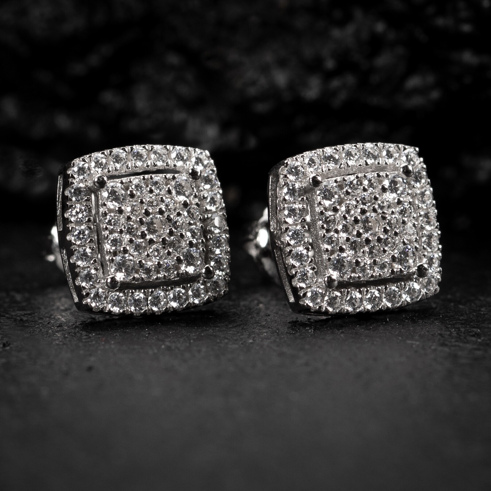 Cube Square 3D 925 Sterling Silver Hip Hop 3D Cube Iced Cz Hip Hop Stud Earrings