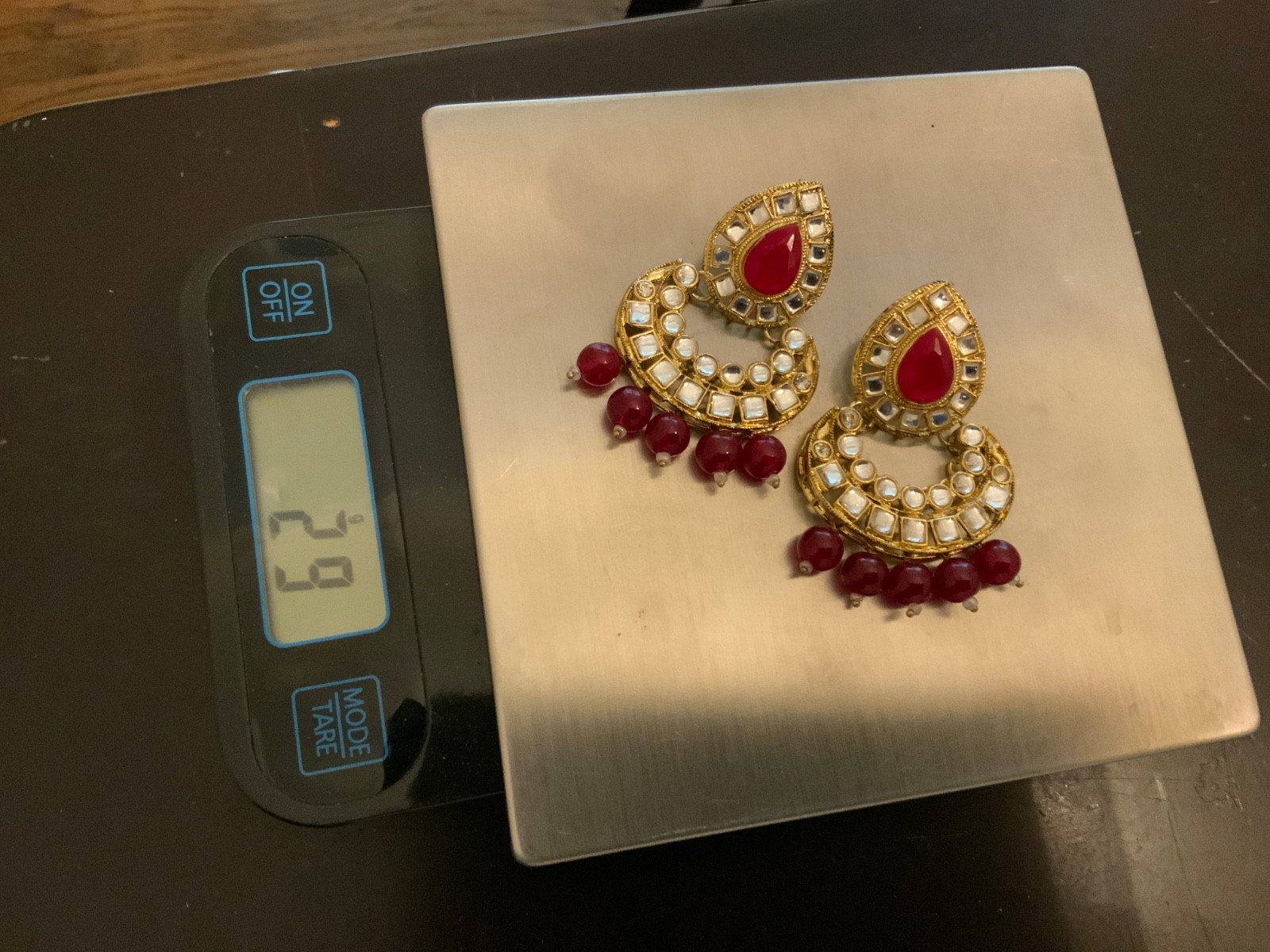 goldtone statement Red beaded Mogul chunky earrings 2.5in shimmer 29grams