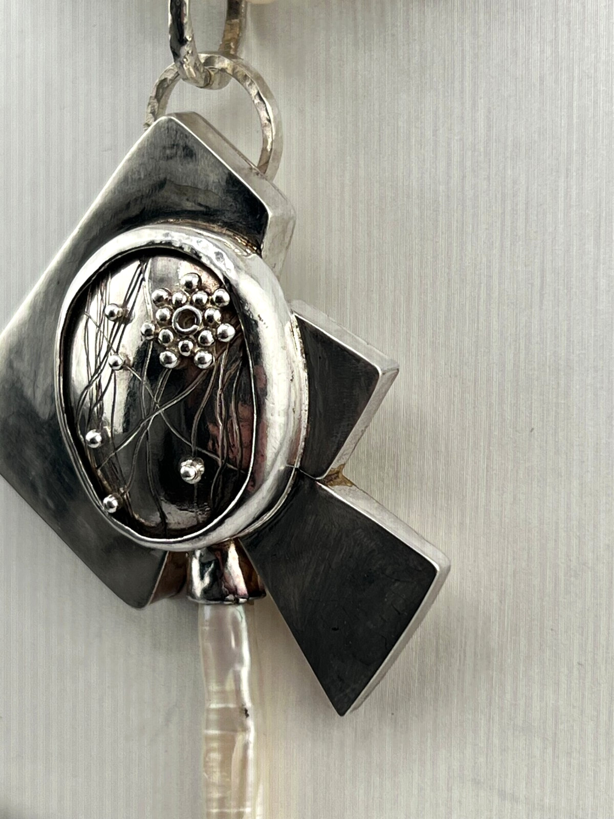 Artisan Pearl necklace 925 Sterling silver hollow form pendant signed FLW