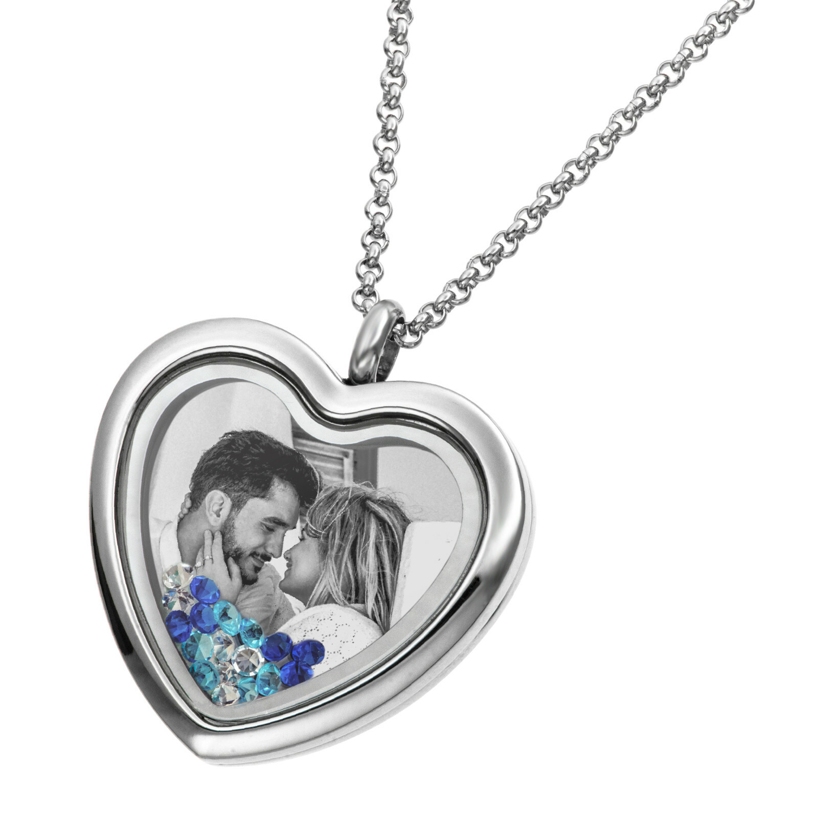 Personalized Photo & Message Engraved w/ Crystals Heart Locket Pendant Necklace