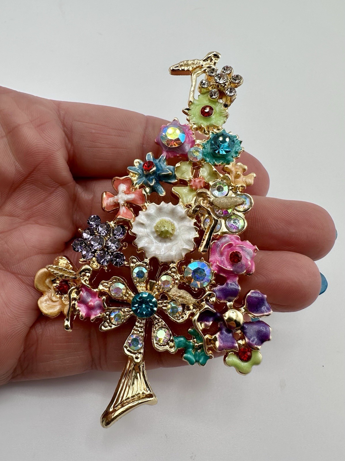 New GT Designer Inspired Enamel Rhinestone Christmas Tree Brooch Pin 3.5″