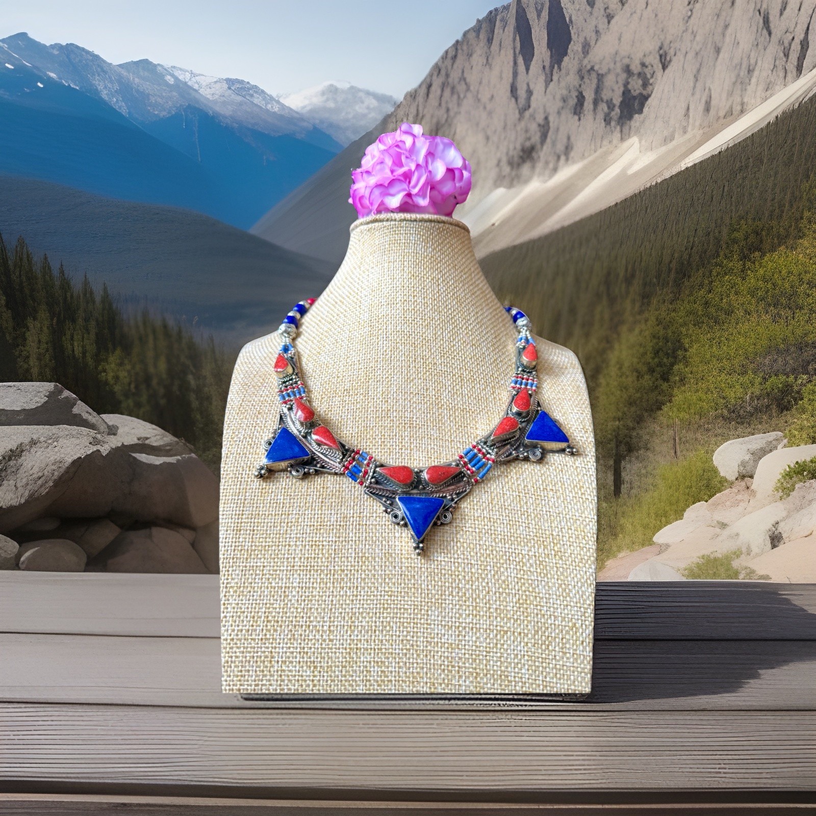 Vintage Ethnic Tribal Pyramid Design Handmade Silver Necklace Inlay Stones 116gr