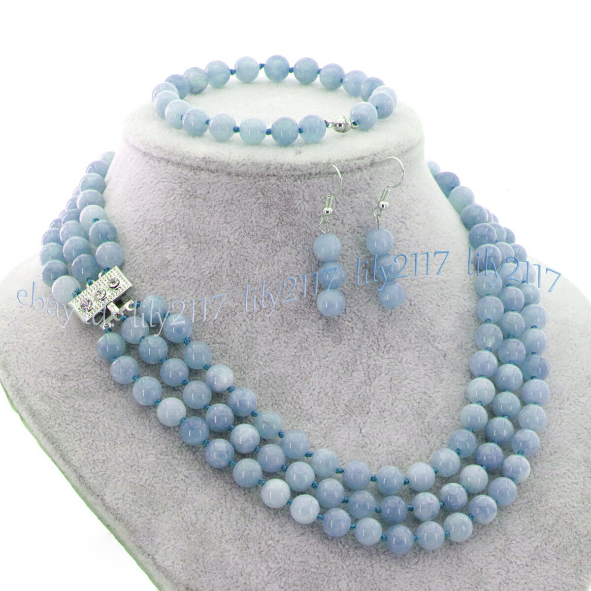 3 Rows Natural Multicolor Jade Round Gems Necklace Bracelet Earrings Jewelry Set
