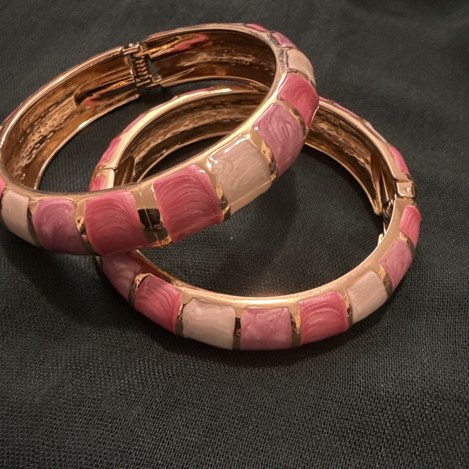 Set of 2 Gold Tone Hinged Bangle Bracelets Pink White Enamel No Stone