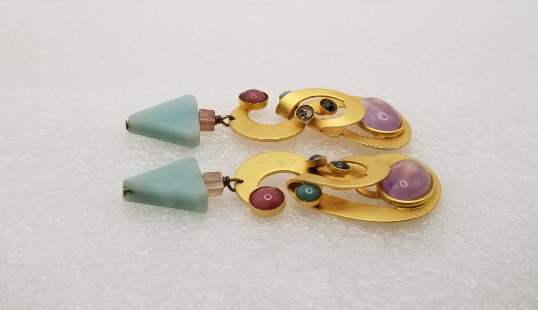 Vintage Gale Rothstein Semi-Precious Stones Gold Plated Dangle Pieced Earrings