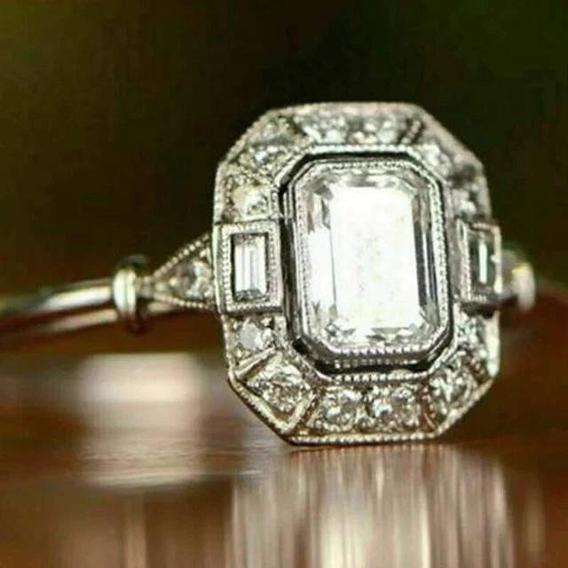3Ct Emerald Moissanite Halo Art Deco Engagement Ring 925 Silver 14K Vermeil