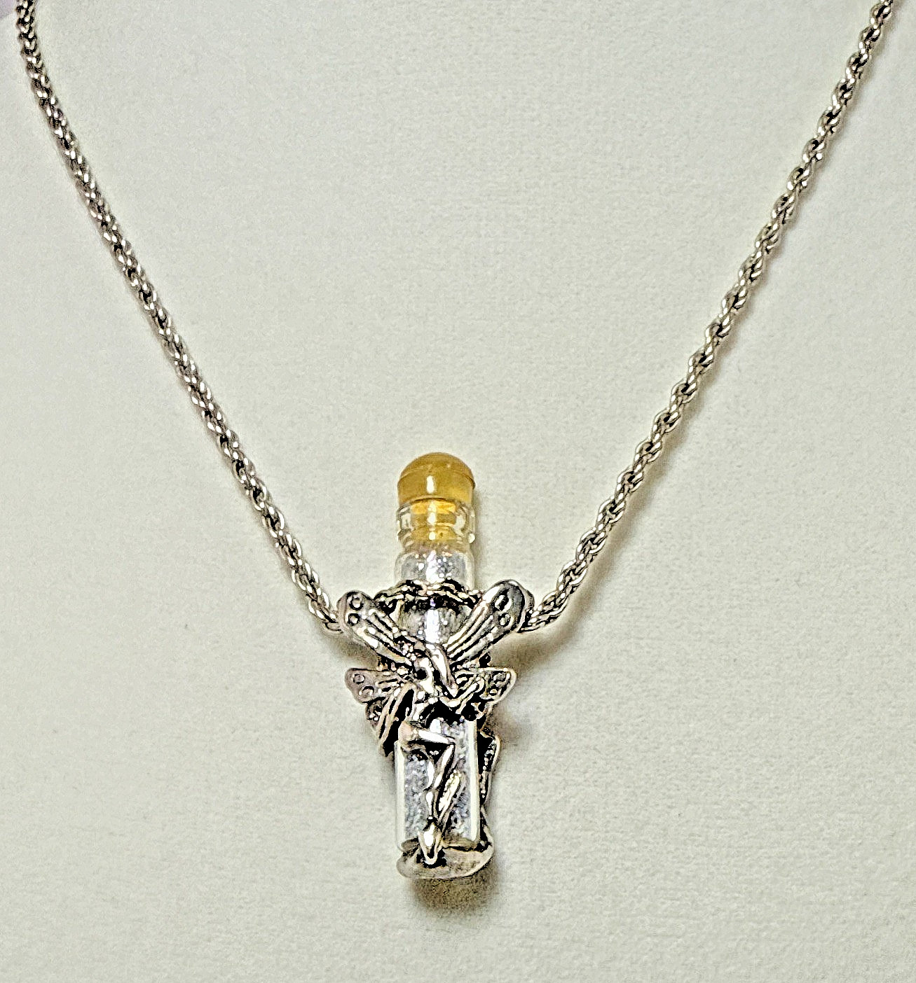 Vintage Pewter Angel Fairy Holding Vial Capsule of Fairy Dust Pendant Necklace