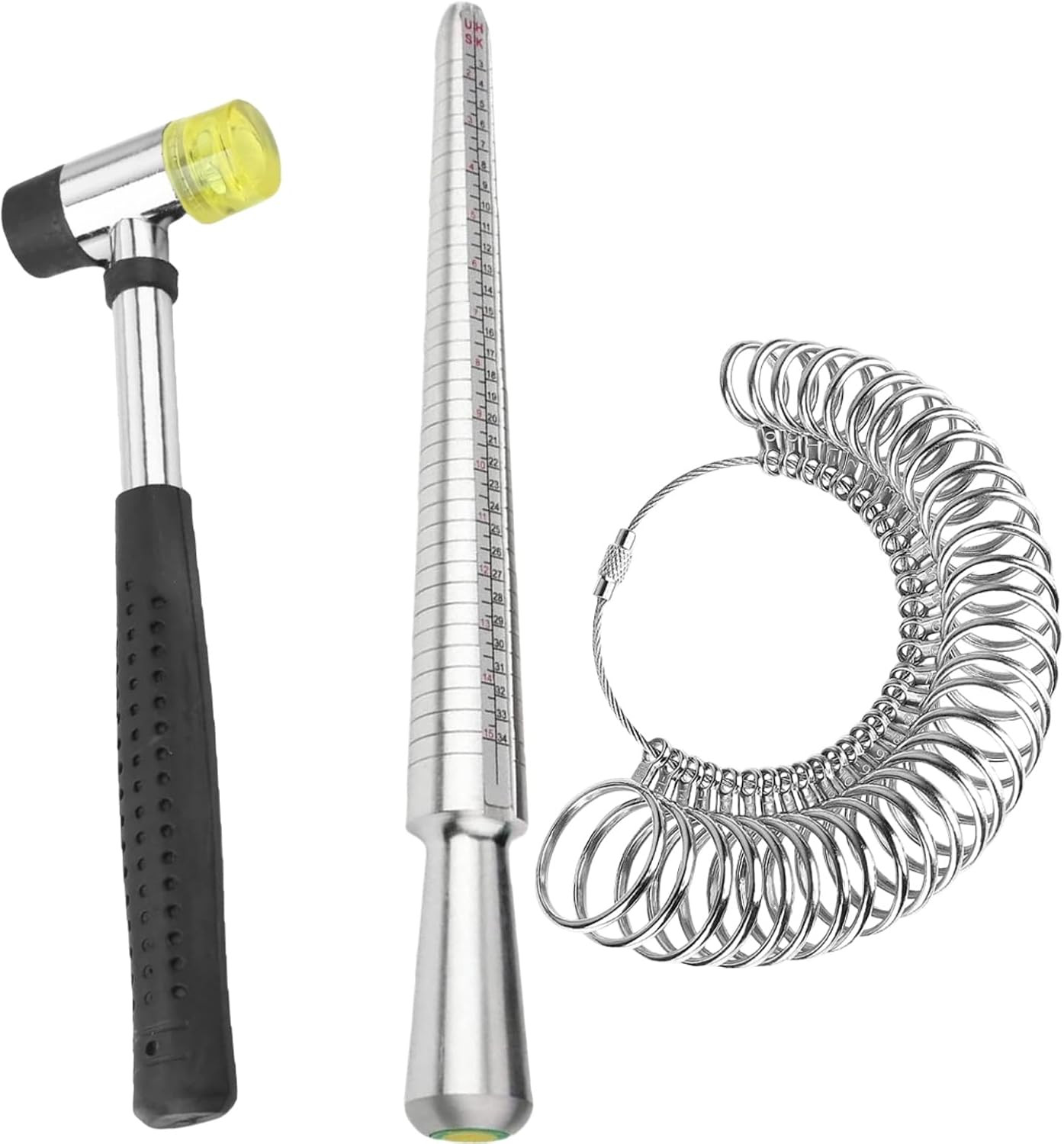 Ring Mandrel Metal Ring Sizer Measuring Tool & Rubber Jewelry Hammer Ring Sizing
