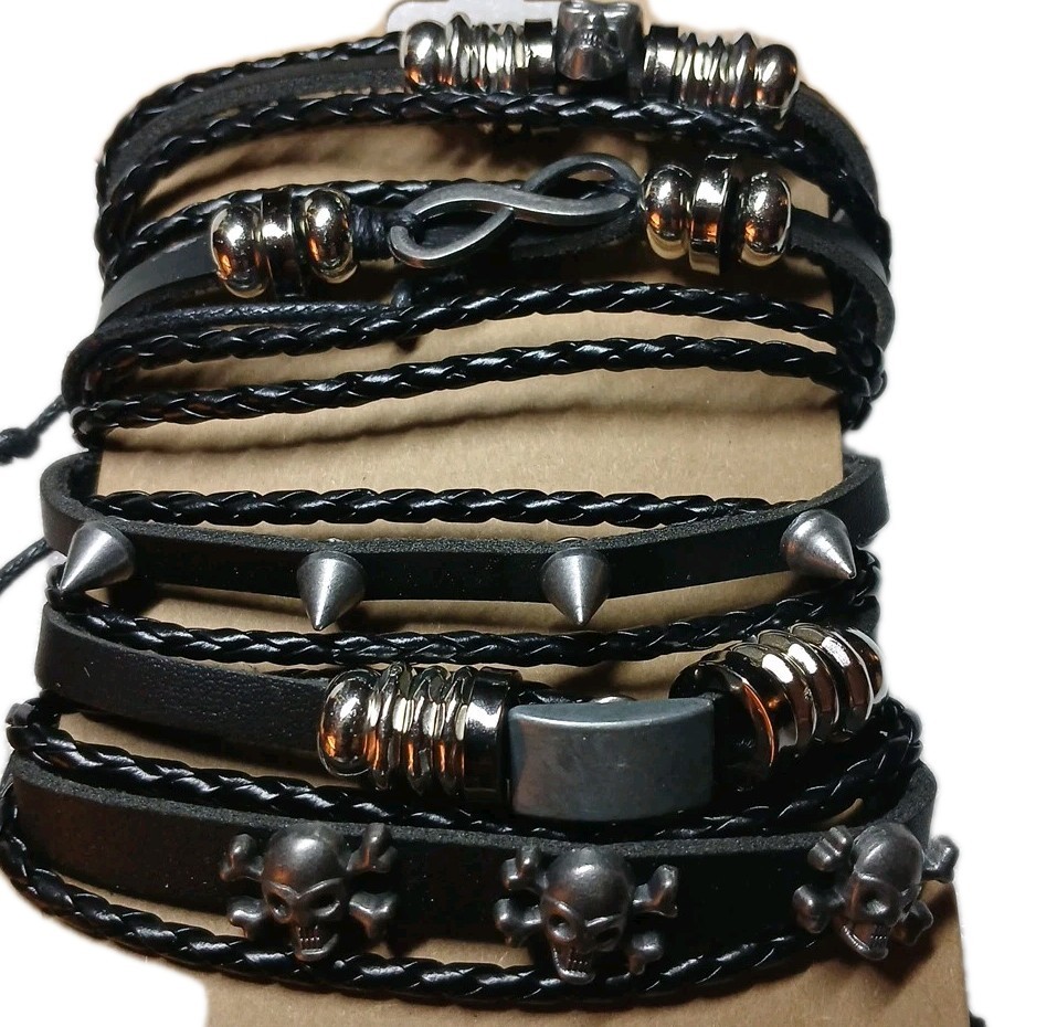 5PACK! LEATHER Tie Up Bracelets! 5 Styles, Skulls,spikes Goth,Biker