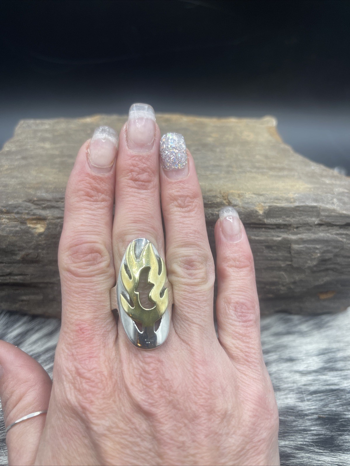 MEXICO 925 Silver Vintage Two Tone Full Finger Cocktail Ring #439