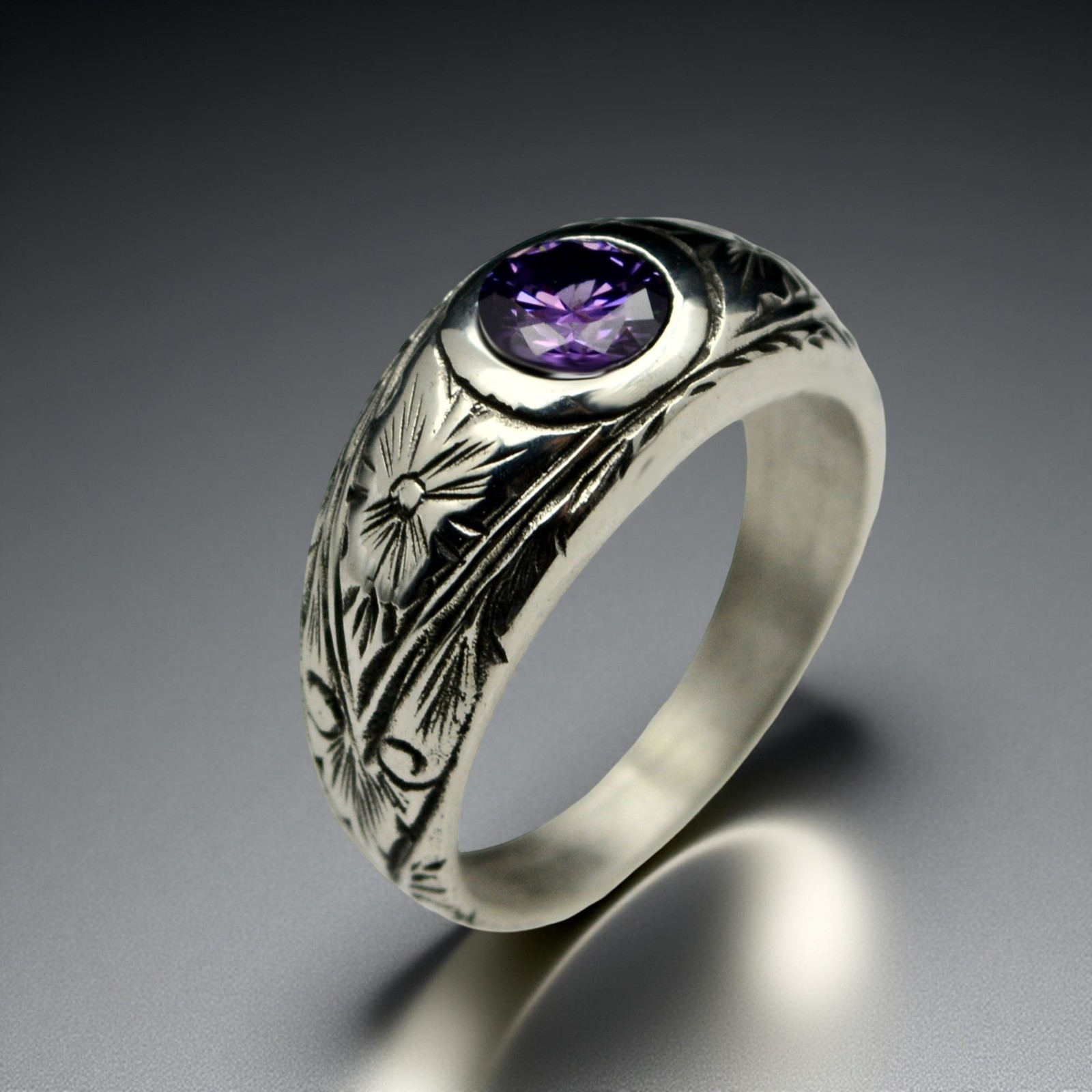 925 Sterling Silver Amethyst Men Ring Handmade Vintage Signet Band